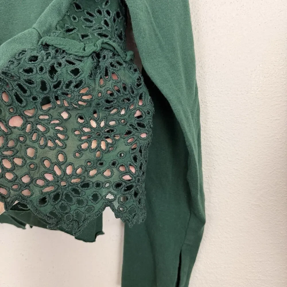 Free People Eyelet Crop Top Brittany Embroidered Sz Medium Green Long Sleeves